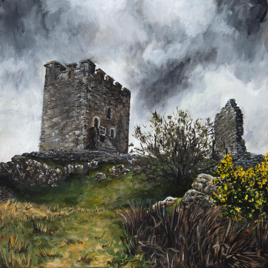 Atmospheric painting of a medieval stone castle ruin on a grassy hillside, featuring a tall square tower with battlements, a crumbling wall, flowering yellow gorse bushes, and dramatic storm clouds filling the sky.
