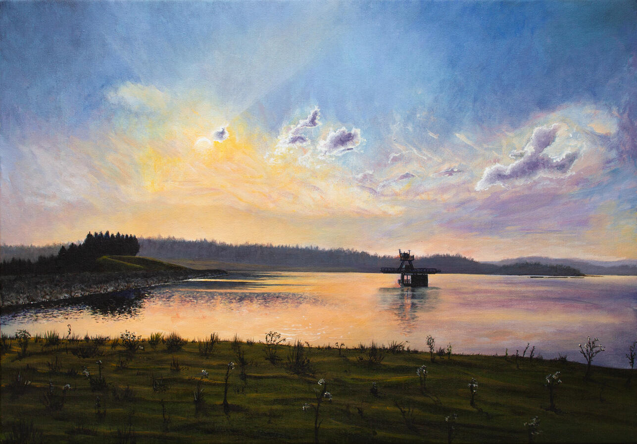 Llyn Brenig in the Half Light of the Eclipse 40 x 60 x 3 cm acrylic on canvas Available