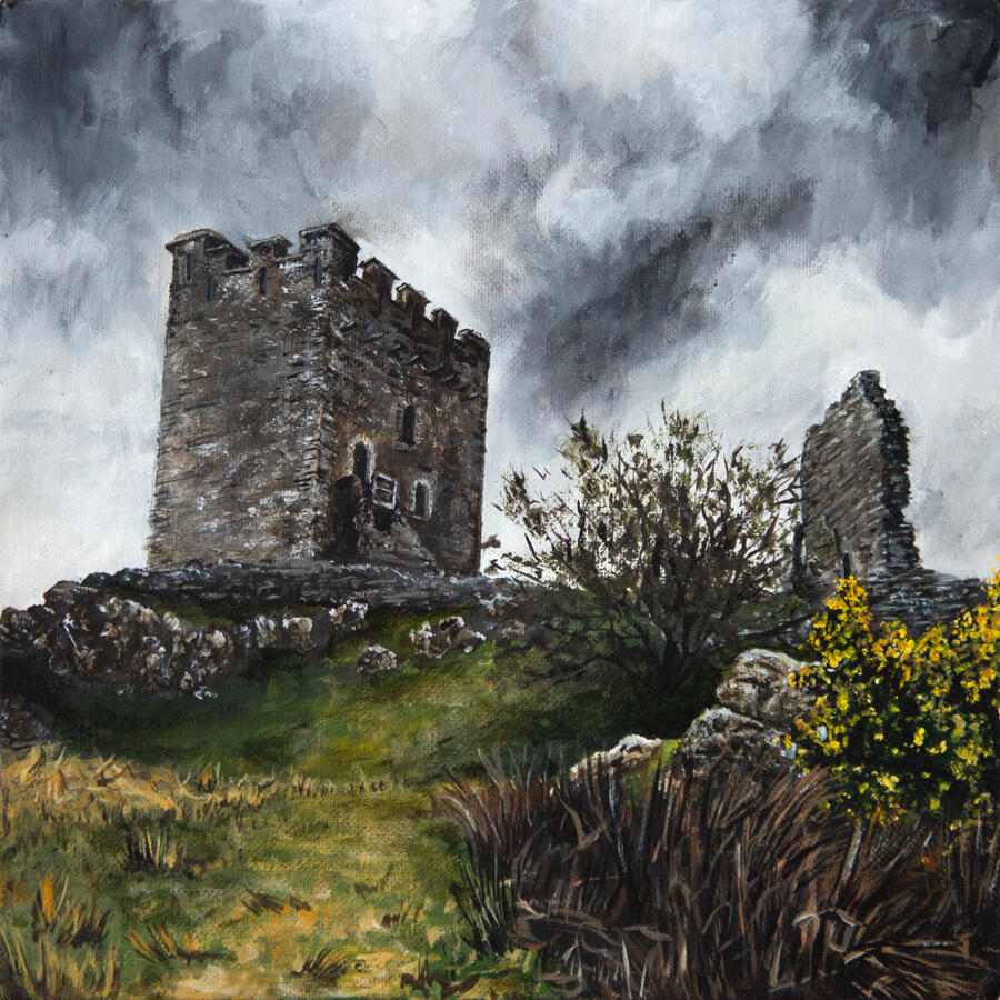 Atmospheric painting of a medieval stone castle ruin on a grassy hillside, featuring a tall square tower with battlements, a crumbling wall, flowering yellow gorse bushes, and dramatic storm clouds filling the sky.