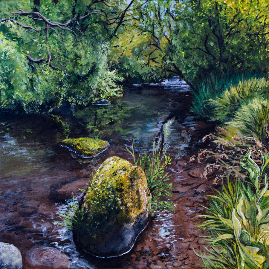 From the Secret Beach on Afon Alwen 18 x 18 x 3 cm acrylic on canvas Available